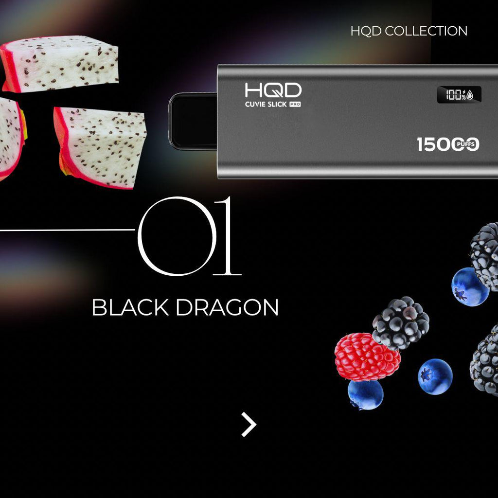 HQD Cuvie Slick Pro 15000 Puffs Black Dragon flavor collection poster UAE