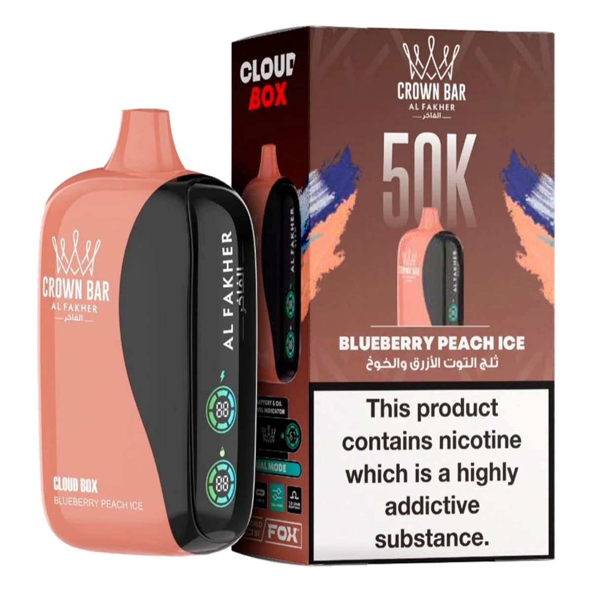 Crown Bar Al Fakher 50000 Puffs Cloud Box Blueberry Peach Ice flavor - disposable vape UAE