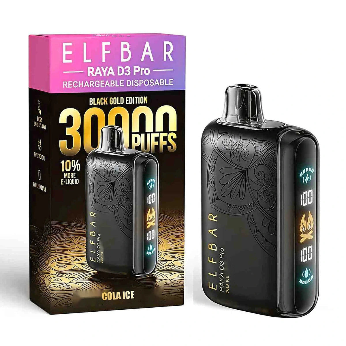 Elfbar Raya D3 Pro 30000 Puffs Black Gold Disposable Vape UAE Cola Ice
