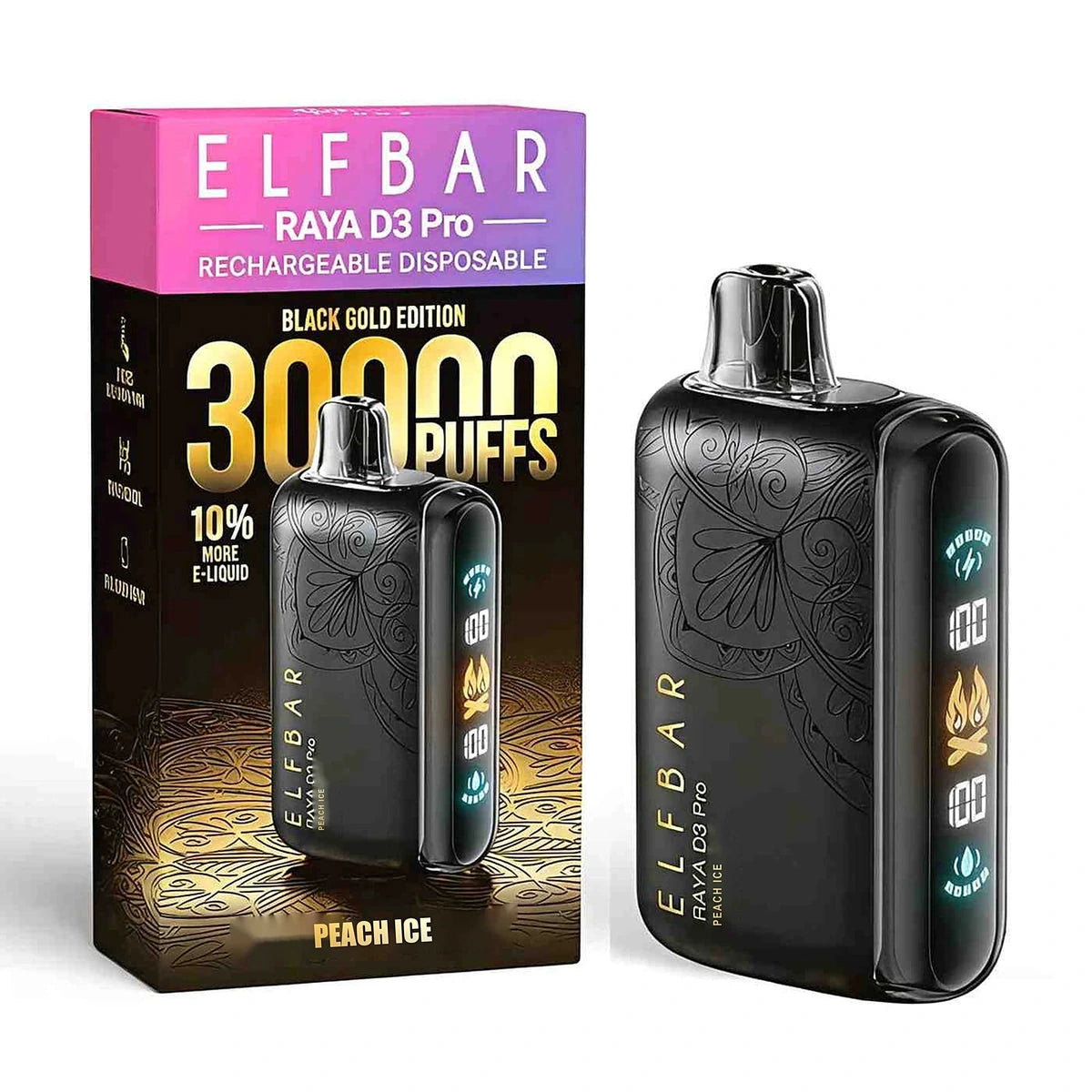 Elfbar Raya D3 Pro 30000 Puffs Black Gold Disposable Vape UAE Peach Ice