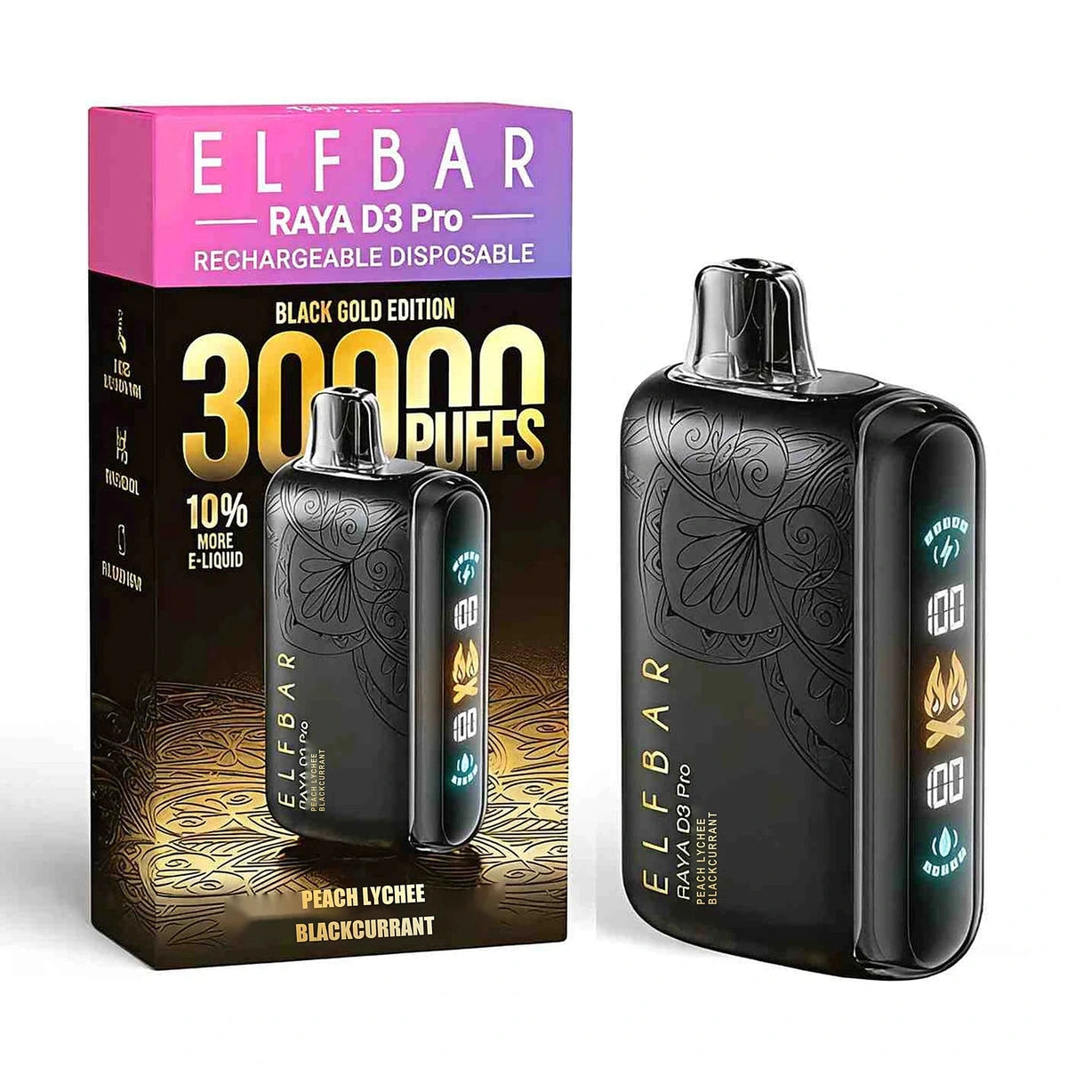 Elfbar Raya D3 Pro 30000 Puffs Black Gold Disposable Vape UAE Peach Lychee Blackcurrant