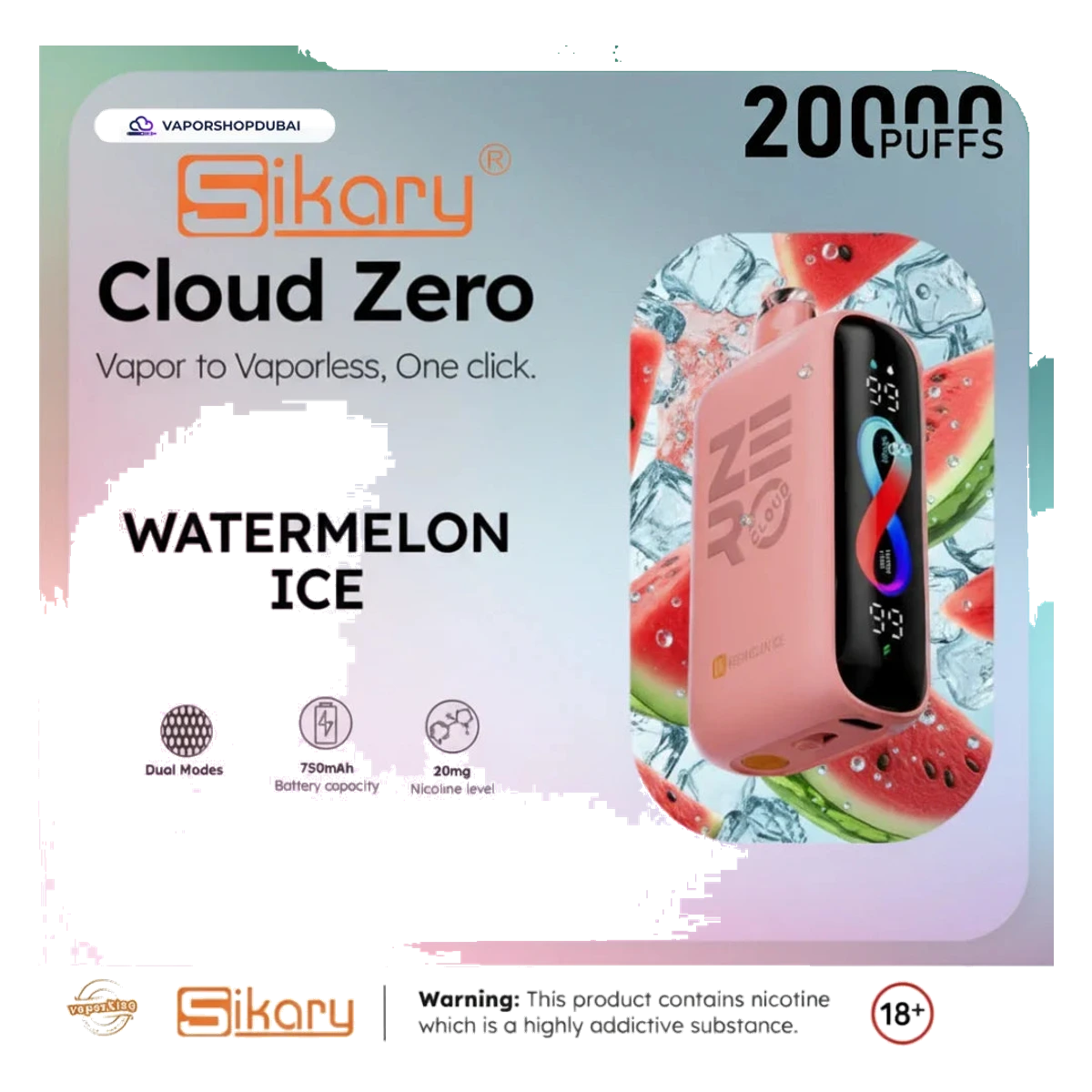 Sikary Cloud Zero 20000 Puffs Disposable 20mg watermelon-ice UAE | Emirates Vapor