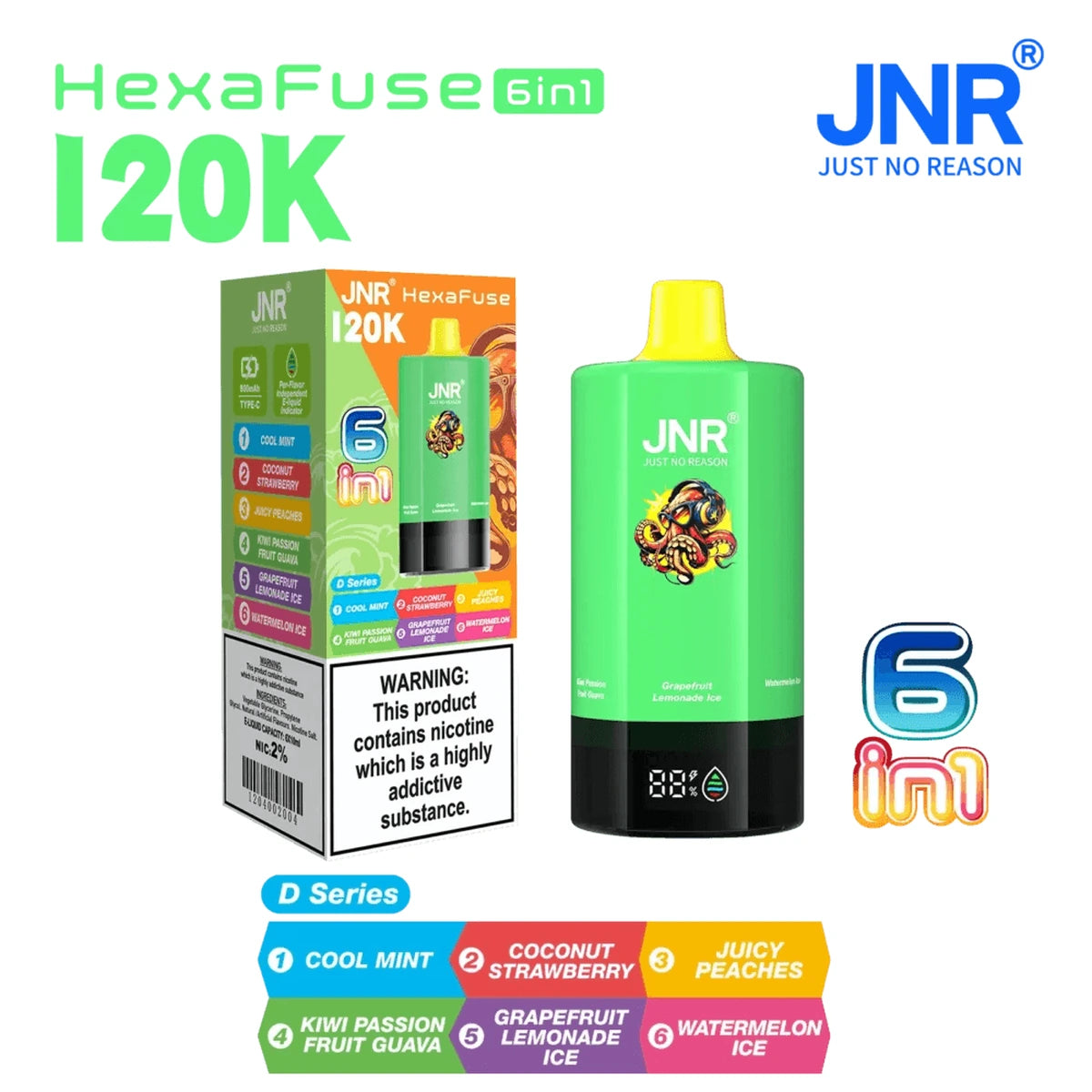JNR HexaFuse 120K Puffs 6in1 Disposable Vape UAE D Series Bright Green