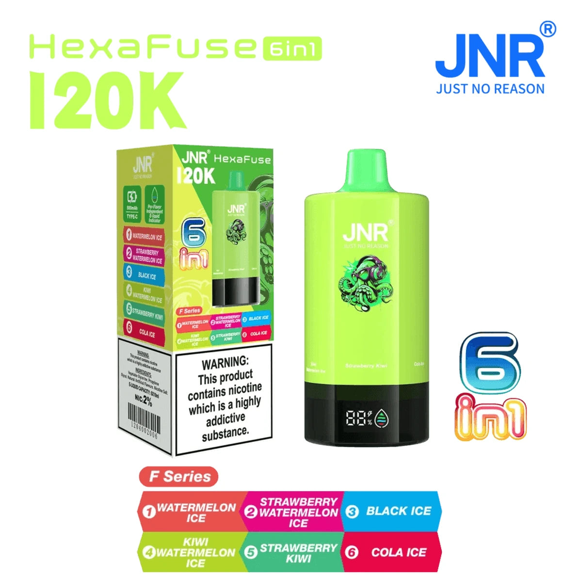 JNR HexaFuse 120K Puffs 6in1 Disposable Vape UAE F Series Lime Green