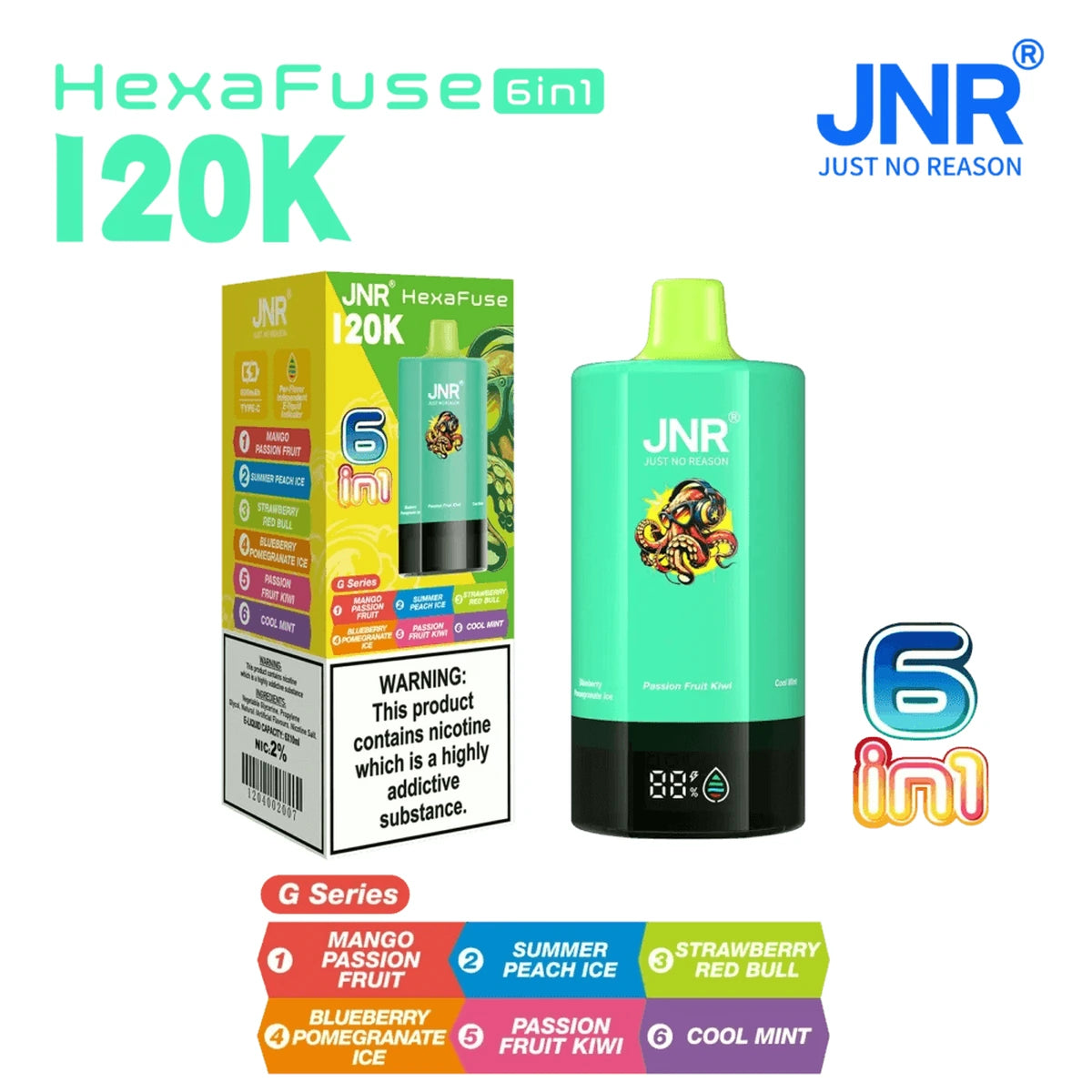 JNR HexaFuse 120K Puffs 6in1 Disposable Vape UAE G Series Cyan