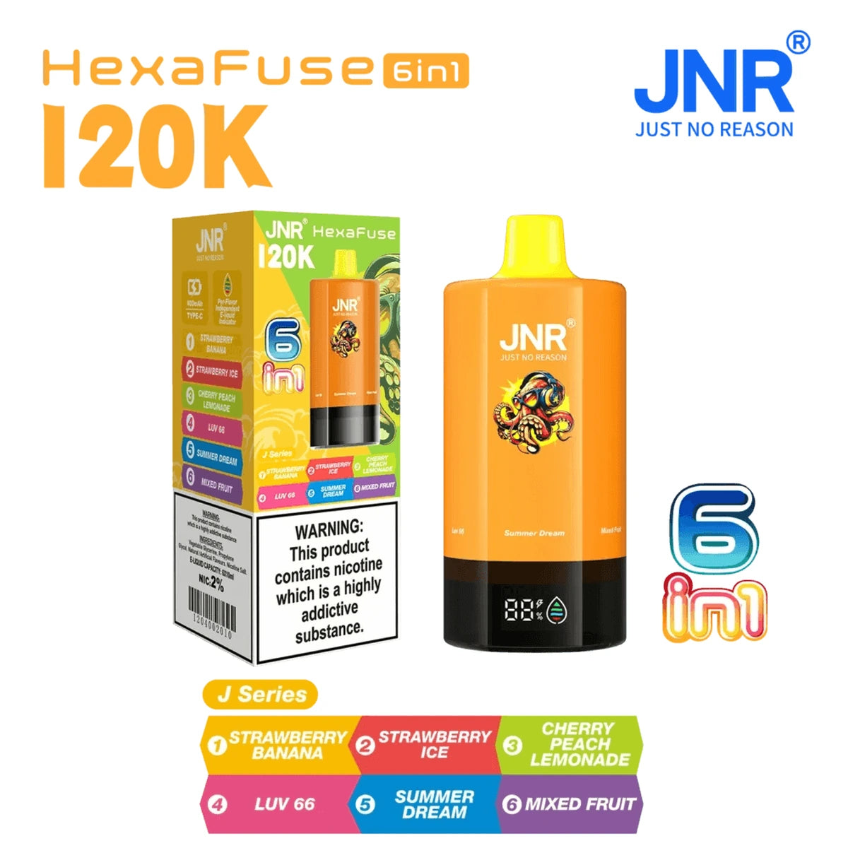 JNR HexaFuse 120K Puffs 6in1 Disposable Vape UAE J Series Orange